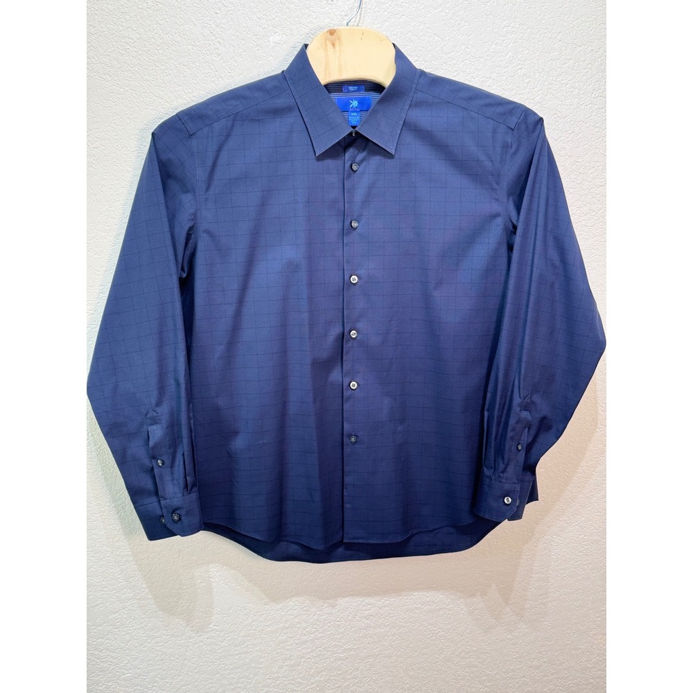 Egara Mens XXL Slim Fit Navy Grid Non-Iron Long Sleeve Button Down Dress Shirt